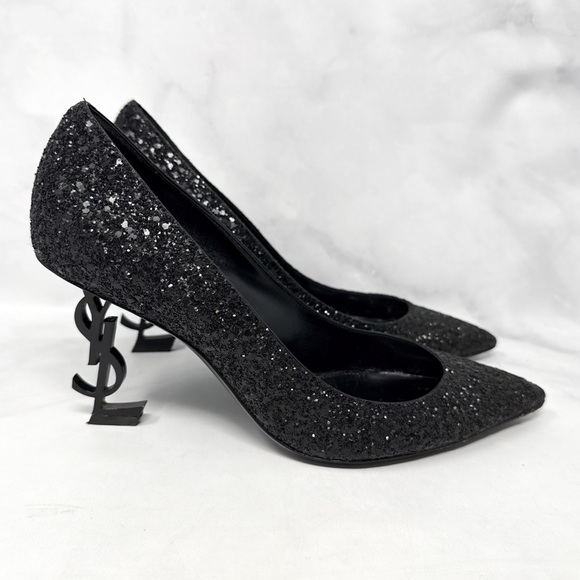 Saint Laurent Opyum Glitter 85 YSL Stiletto Pointed Toe Pumps Heels Black 38.5 - Picture 1 of 12